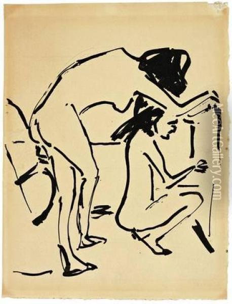 Stehender Und Hockender Madchenakt Im Atelier Oil Painting - Ernst Ludwig Kirchner