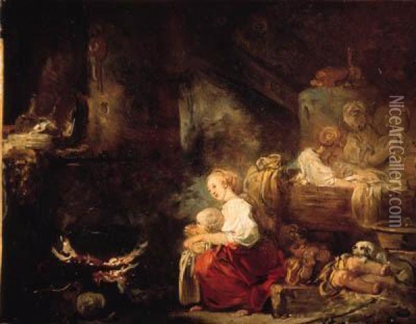 An Interior Of A Barn With A Woman And A Child By A Cauldron,washerwomen Nearby Oil Painting - Jean-Honore Fragonard