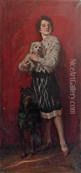 Portrait Einer Jungen Frau Mit Zwei Hunden Oil Painting - Geza Kovesdy