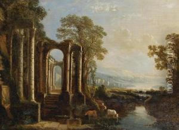 An Italianate Landscape, With Cattle Wateringnear Classical Ruins Oil Painting - Pierre-Antoine Patel