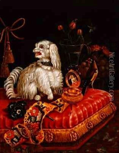 Poodle on a Cushion Oil Painting - V. Behr