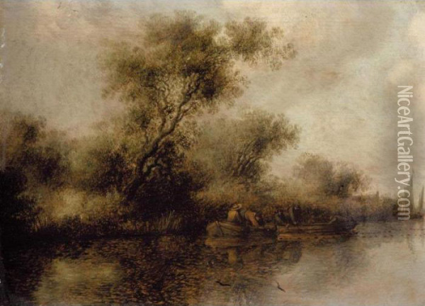 A River Landscape With Fishermen Bringing In Their Nets Oil Painting - Salomon van Ruysdael