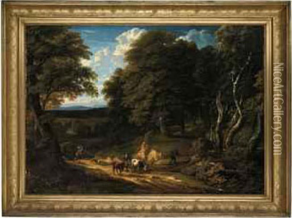 A Wooded Landscape With Figures And Cattle On A Track Oil Painting - Cornelis Huysmans