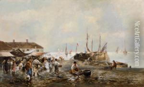 Mercato Del Pesce Sulla Spiaggia Oil Painting - Emil Barbarini