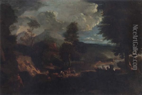 Berglandskap Med Herdar, Herdinna Och Boskop Oil Painting - Cornelis Huysmans