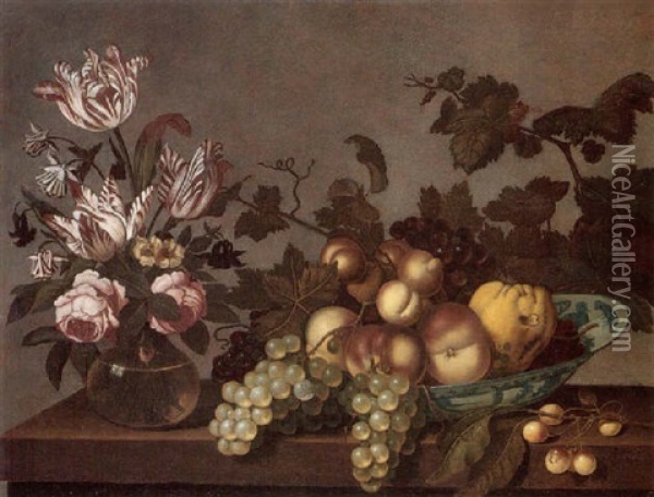 Still Life Of Peaches, Grapes And A Pear In A Porcelain Bowl, Together With Variegated Tulips And Roses In A Glass Vase, Upon A Stone Ledge Oil Painting - Bartholomeus Assteyn
