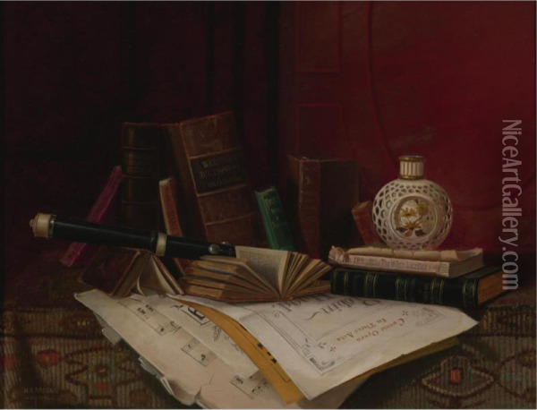 Still Life With Books, Clarinet And Music Oil Painting - Nicholas Alden Brooks