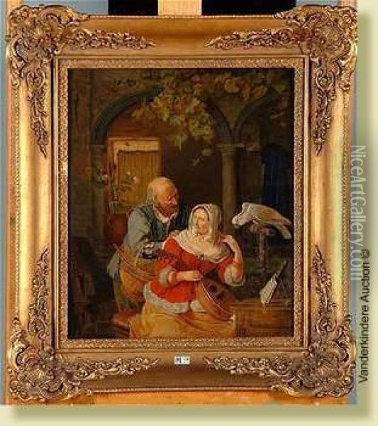Jeune Femme A Lamandoline Et Au Perroquet Oil Painting - Jacobus Ludovicus Godinau