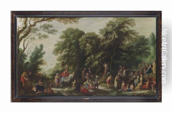 A Wooded River Landscape With Saint John The Baptist Preaching Oil Painting - Alexander Keirincx