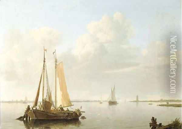 A calm fishing vessels at anchor in a river estuary Oil Painting - Hermanus Koekkoek