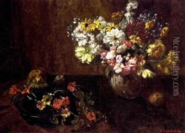 Mixed Flowers In A Glass Vase And Ceramic Bowl Oil Painting - Edomond Alphonse Charles Lambrichs