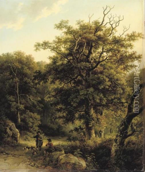 A Sportsman And Woodgatherers In The Forest Oil Painting - Barend Cornelis Koekkoek