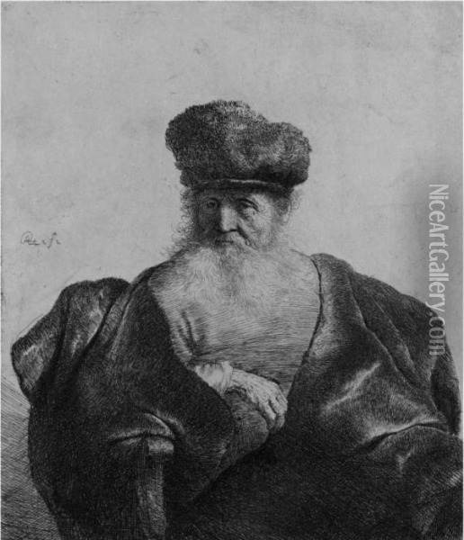 Old Man With Beard, Fur Cap And Velvet Cloak (b., Holl. 262; H. 92;bb. 32-2) Oil Painting - Rembrandt Van Rijn