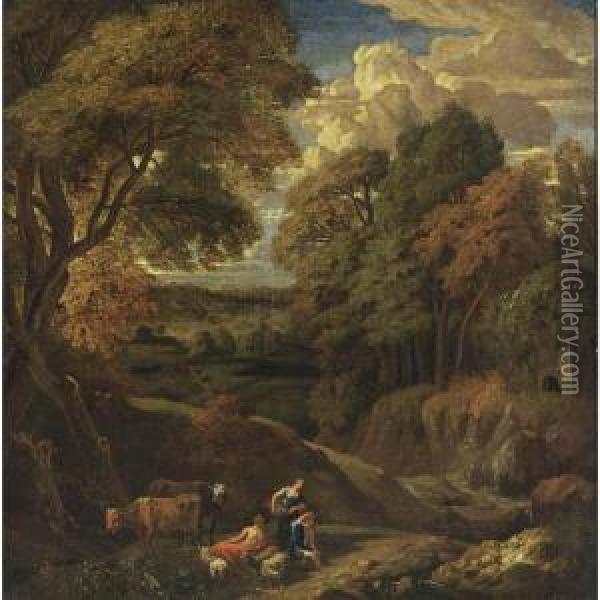 A Classical Wooded Landscape With Shepherds Tending Their Herd In The Foreground Oil Painting - Cornelis Huysmans