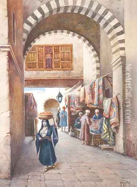 View of a street in a souk with a woman carrying a fruit basket on her head, a carpet stall behind Oil Painting - Vittorio Rappini