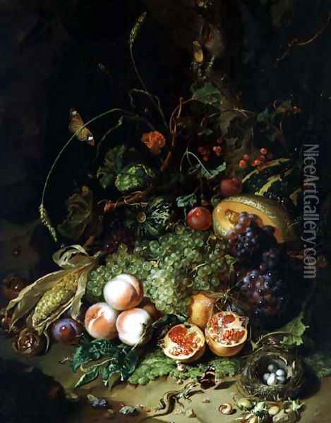 Still Life of Fruit with a Birds Nest and Insects, 1710 Oil Painting - Rachel Ruysch