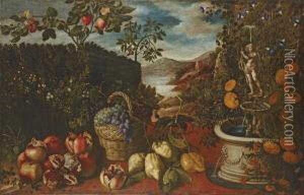 Pomegranates, Grapes In A Basket And Citrons In A Formal Garden With Fruit Oil Painting - Tomas Hiepes