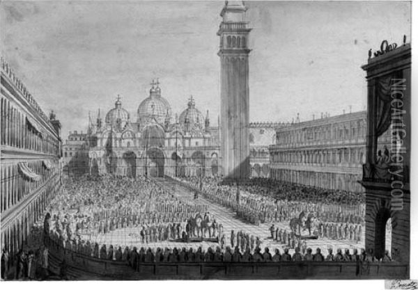 A View Of Piazza San Marco With The Ceremony For The Return Of Thebronze Horses To The Venetian State On 13 December 1815 Oil Painting - Giuseppe Borsato