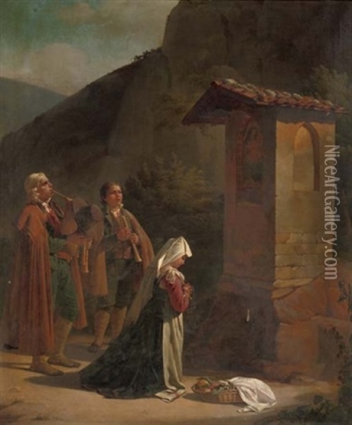 Musicians By A Roadside Chapel Oil Painting - Jean Baptist Lodewyck (Maes-Canini) Maes
