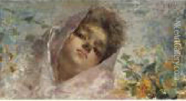 Ritratto Di Fanciulla Con Velo Rosa Oil Painting - Vincenzo Irolli
