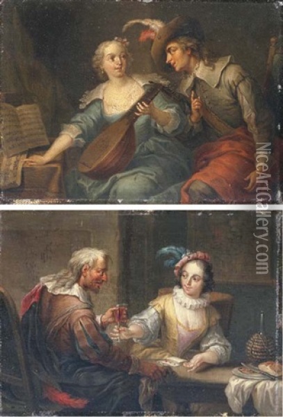 A Couple Playing Cards In An Interior (+ A Couple Playing Music In An Interior; 2 Works) Oil Painting - Franz Christoph Janneck