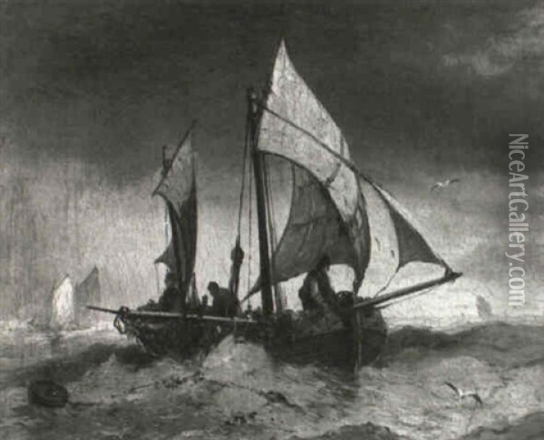 Fischerboot Am Morgen Auf Bewegter See Oil Painting - Ludwig Hermann
