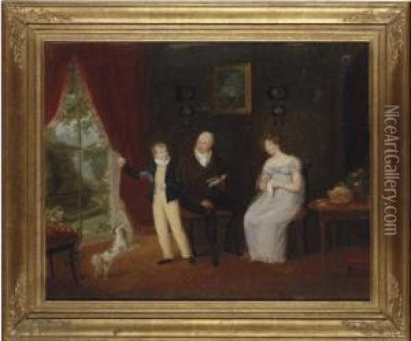Group Portrait Of A Lady And Gentleman And Their Son, With A Spaniel, In An Interior Oil Painting - Maria Spilsbury