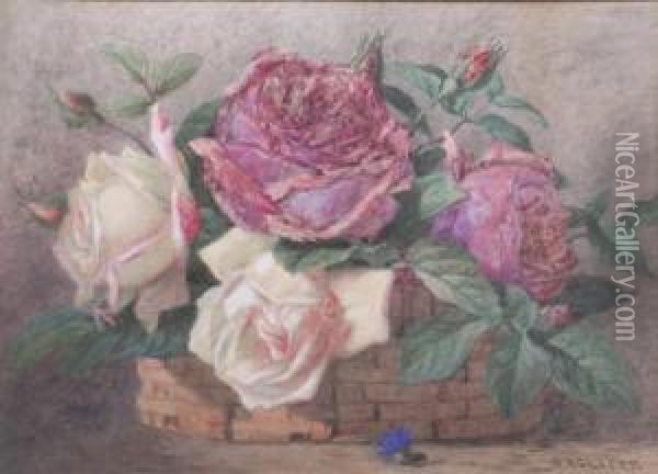 Roses In A Wicker Basket Oil Painting - Isaac Wane Slater