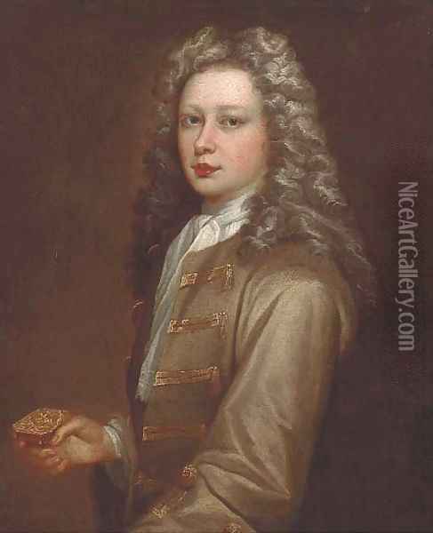Portrait of Edmund Kershaw (b.1701), half-length, wearing an olive jacket, white cravat, and holding a silver box Oil Painting - Sir Godfrey Kneller