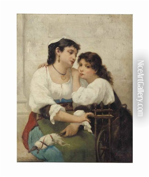 Mother And Daughter At The Spinning Wheel Oil Painting - Francois Lafon