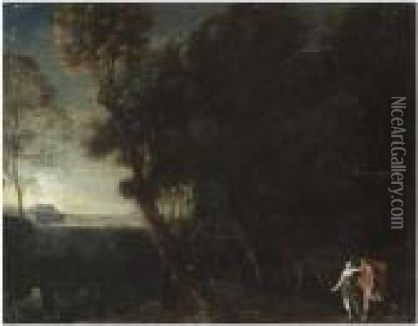 A Wooded Landscape With Two Hunters, Probably Cephalus And Procris Oil Painting - Francesco Allegrini