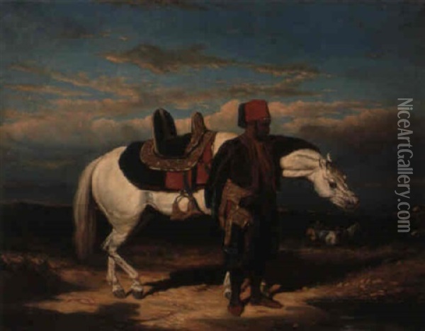 Cavalier Abreuvant Son Cheval Oil Painting - Alfred De Dreux