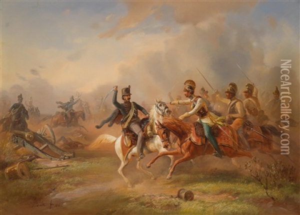 Gefechtsszene Zwischen Osterreichischer Und Ungarischer Kavallerie In Den Revolutionsjahren 1848/1849 Oil Painting - Guido Bach