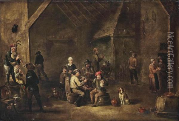 Peasants Smoking And Music Making In An Interior Oil Painting - David The Younger Teniers