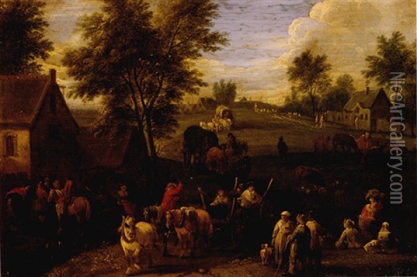 Landscape With Waggoners And Other Figures Gathered On The Outskirts Of A Village Oil Painting - Pieter Bout
