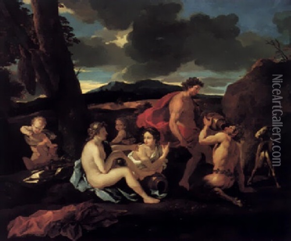 A Bacchanal With Stayrs And Other Figures In A Landscape Oil Painting - Nicolas Poussin