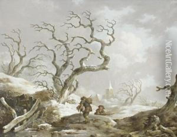 Peasants Collecting Wood Before A Winter Landscape Oil Painting - Andries Vermeulen