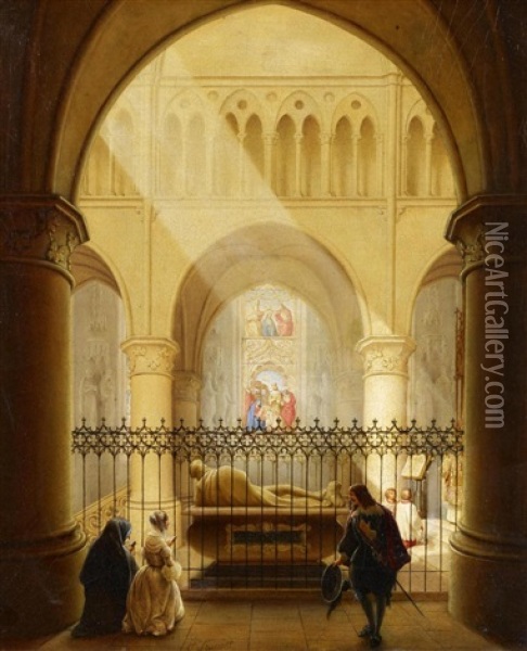 Vor Dem Grabmal Johann Ii. Von Brabant In Der Kathedrale St Gudula In Brussel Oil Painting - Karl Sturmer