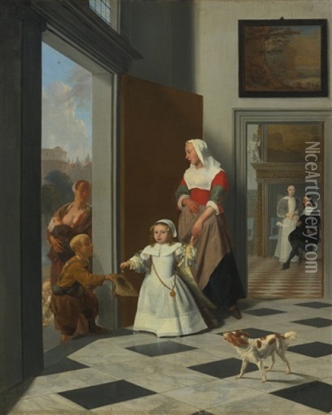 A Child And Nurse In The Foyer Of An Elegant Townhouse, The Parents Beyond Oil Painting - Jacob Ochtervelt