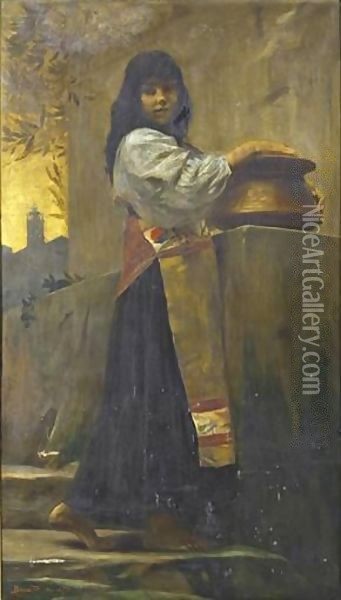 Young Italian Girl At A Fountain Oil Painting - Paul Albert Besnard