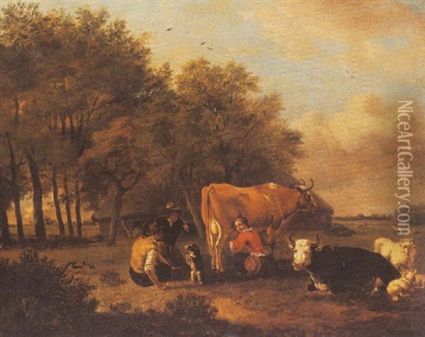 Cattle In A Meadow With A Maid Milking A Cow And Two Boys Training A Dog Oil Painting - Albert Jansz Klomp