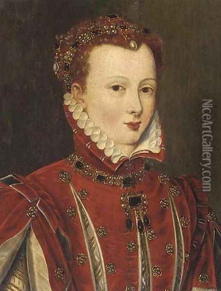 Portrait of a lady, thought to be Mary Queen of Scots (1542-1587), bust-length, in a red slashed doublet and jewelled headdress Oil Painting - Francois Clouet