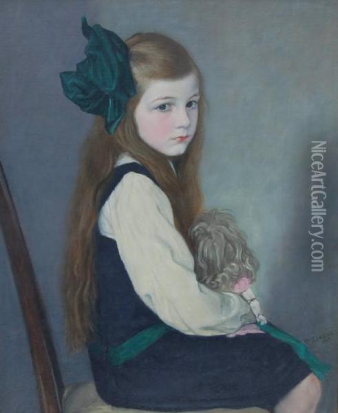 Portrait Of Miss Nancy Davis Holding A Doll Oil Painting - William Strang