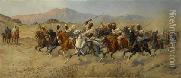 Arab Warriors At Full Charge Oil Painting - Giuseppe Gabani