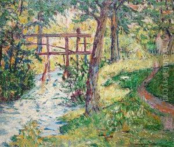 View Of Woodland Path By A River Oil Painting - Francis Morton Johnson
