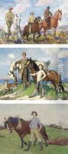 Mary, Hilda And George On Horseback, Studland Oil Painting - George Spencer Watson