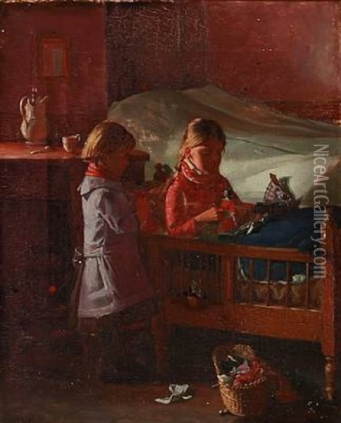 Interior With Two Small Girls Playing Oil Painting - Hans Andreasen Hessellund