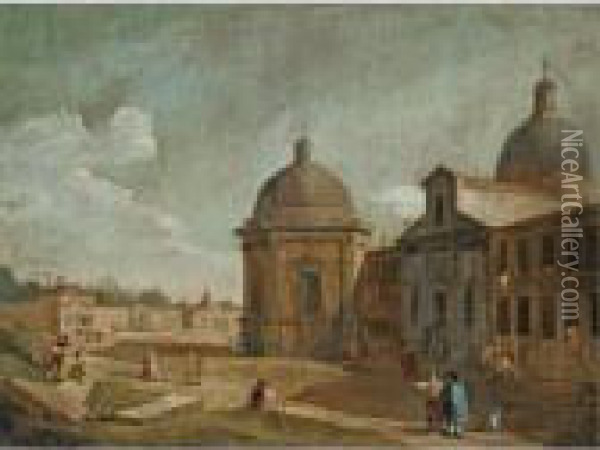 A Capriccio View Of A Church And Other Buildings, With Figures In The Foreground Oil Painting - (Giovanni Antonio Canal) Canaletto