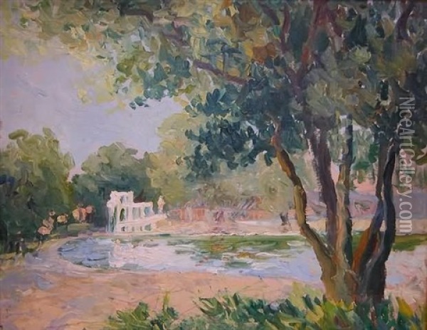 Impressionist Landscape With View Of Pond And Park Oil Painting - Walter Mattern