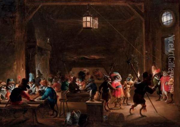 Guardroom With Monkeys Oil Painting - David The Younger Teniers